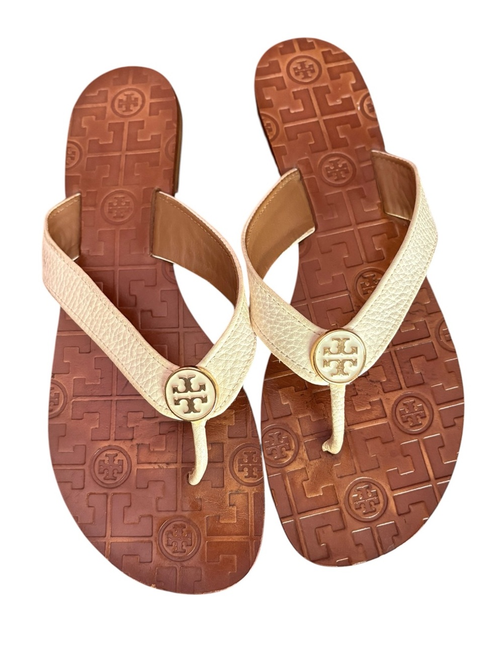 Tory Burch Thora Cream Gold Logo Thong Pebbled Leather Sandals Sz 9